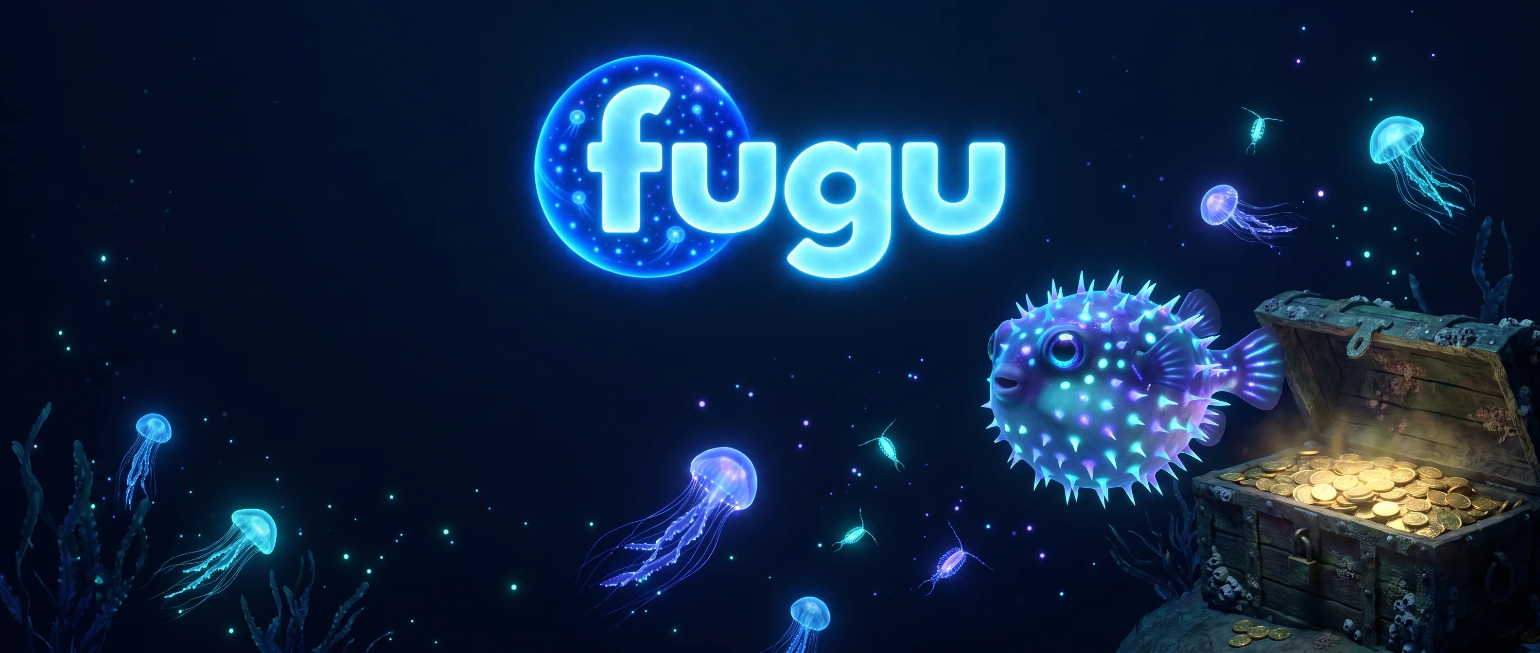 Fugu-Unterwasserwelt mit leuchtendem Kugelfisch und einer Schatztruhe.